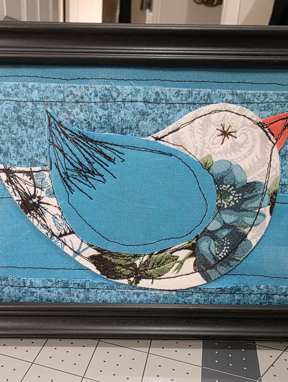 Turquoise Fabric Bird Wall Art in Black Frame